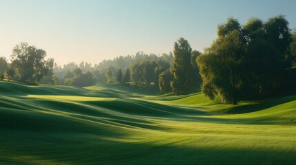 Fototapeta premium Serene Golf Course Scene: A picturesque golf course unfolds beneath a tranquil sky, with verdant fairways and manicured greens creating a harmonious blend of nature and recreation.