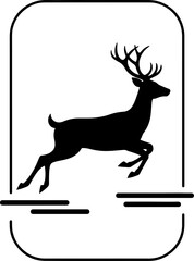 A silhouette of a leaping deer with antlers inside a vertical rounded frame, emphasizing wildlife elegance, motion, and professional vector design.