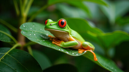 Obraz premium Vibrant Green Frog With Red Eyes Sitting On Leaf Surrounded By Lush Greenery In Nature
