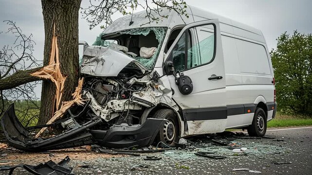 Delivery van crash into tree causes significant damage with deployed airbags and debris on the road