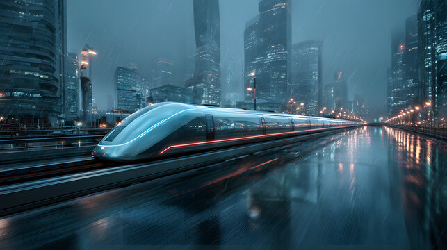Dynamic illustration of a hyperloop train speeding through a glowing futuristic cityscape.