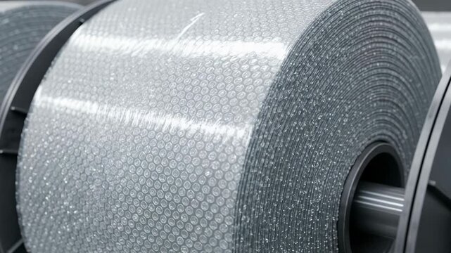 Bubble wrap rolls create a dazzling display of translucent bubbles catching light on large spools