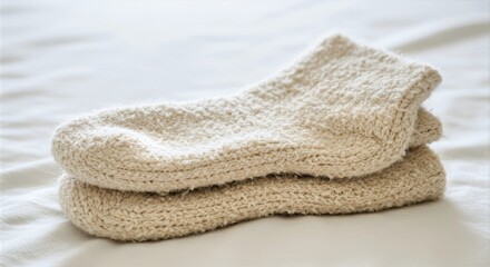 Soft morning light illuminates fluffy wool socks folded on a white blanket amidst a serene bed setting with realistic fibers and gentle textures