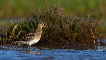 A captivating shot of a solitary woodcock wading in shallow water, its plumage blending seamlessly with the surrounding marsh vegetation.