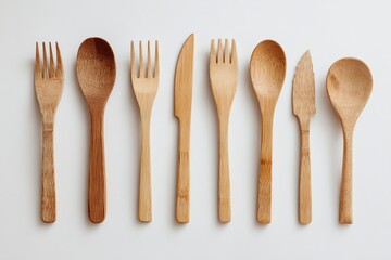 A set of wooden cutlery, including knives, spoons, and forks, is neatly arranged on a white background, flanked by green leafy branches on both sides.