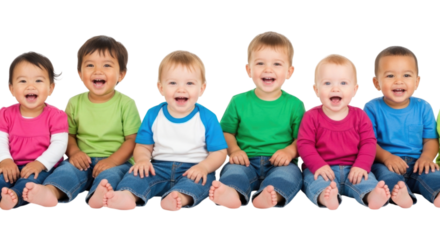 Row of Diverse Happy Toddlers, transparent background, cutout PNG
