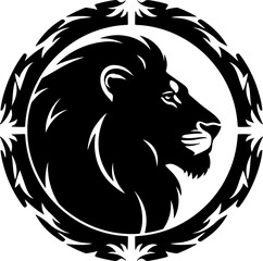 A fierce black silhouette of a lion's head with full mane, inside a circular frame with bold leaf-like border, emphasizing power and dominance.