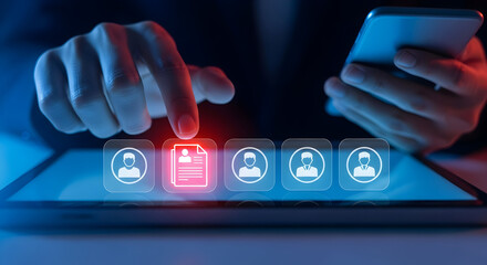 Person selecting candidate profile on digital interface, modern recruitment technology in action