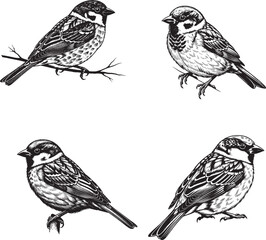 Sparrow Silhouettes in Varied Poses – Minimalist Black and White Bird Set