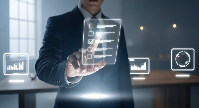 Professional businessman interacting with futuristic digital checklist and data analytics interface