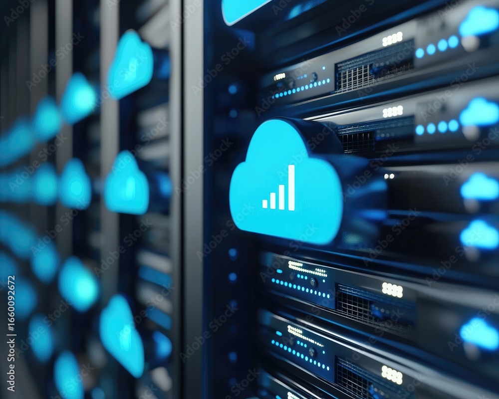 Aufkleber blue cloud icon with data analytics symbol glowing on server racks, illustrating cloud computing, bi