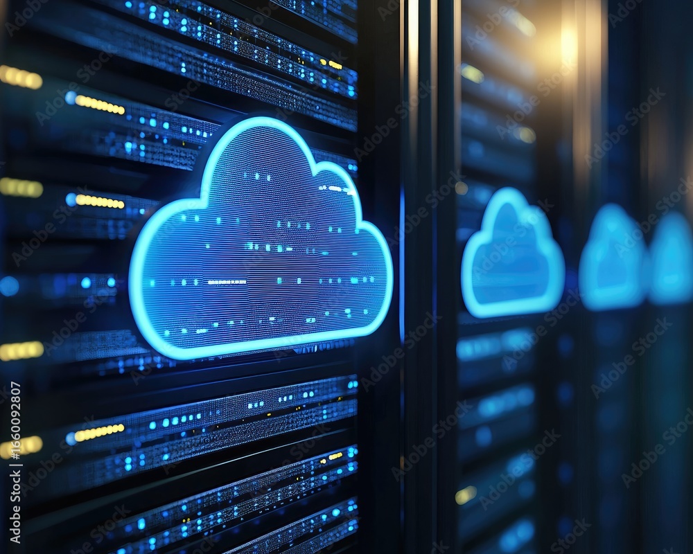 Aufkleber large glowing blue cloud icon in a high tech server room representing cloud computing, data storage 