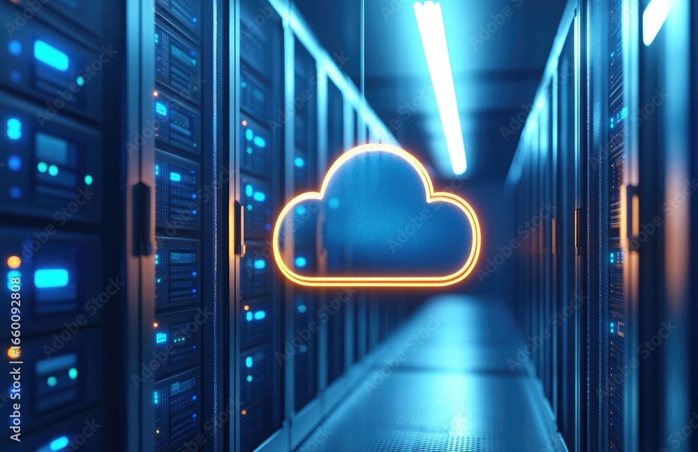 Poster modern data center with glowing cloud icon representing cloud computing, storage, security and techn
