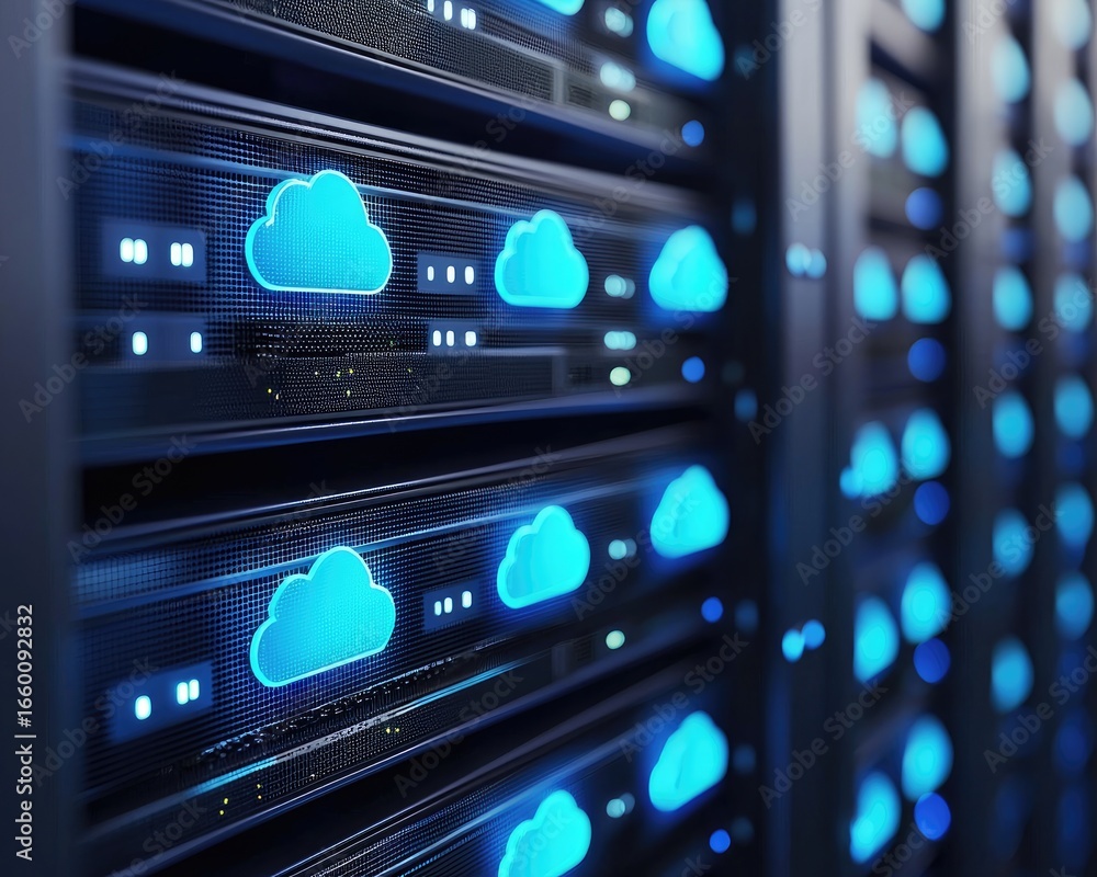 Poster rows of modern servers with glowing cloud icons representing cloud storage, computing, and data secu