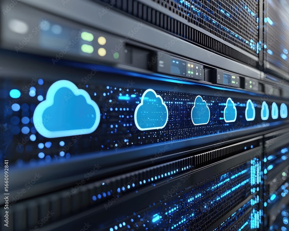Poster server racks with glowing blue cloud icons symbolizing cloud computing and data storage, perfect for