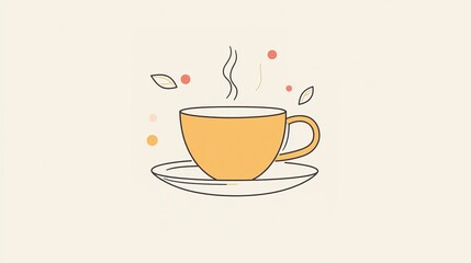 Obraz premium A simple illustration of a steaming yellow cup on a plate, adorned with leaves and soft circles, evoking warmth and comfort.