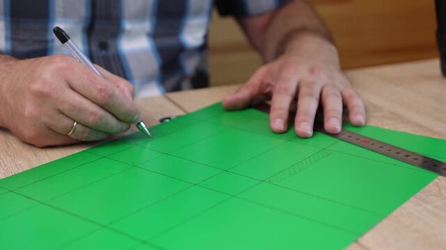 Hands drawing cutting lines on colored cardboard, crafting template for paper model, DIY project preparation.