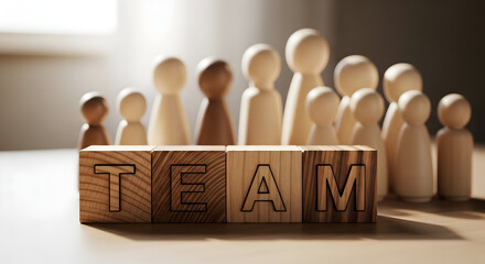 Wooden blocks spell TEAM with diverse peg figures symbolizing unity and collaboration in a bright setting
