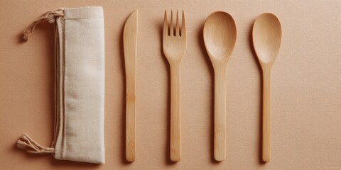 Eco-Friendly Cutlery Set: A sustainable bamboo cutlery set with a knife, fork, spoons, and a carrying case, emphasizing eco-conscious dining and reducing plastic waste.
