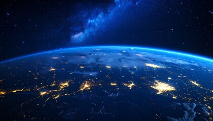 Fototapeta premium A view from space showcasing the Earth's illuminated continents, bathed in the dark cosmos.