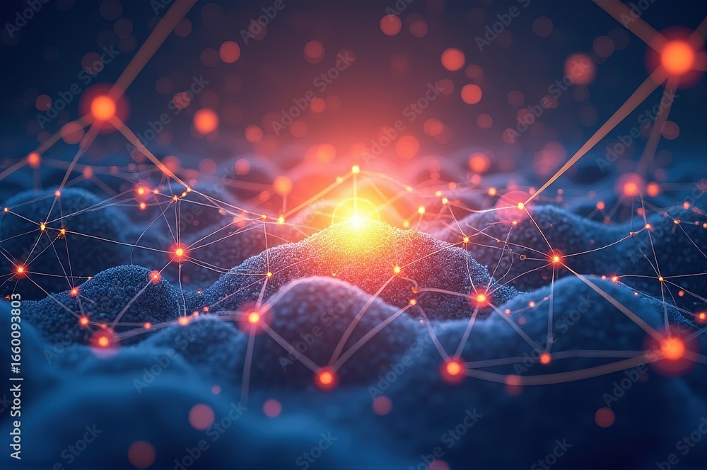 Poster abstract visualization of network connecting bright nodes over dark, textured landscape. digital com