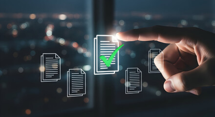 Approving digital documents with a glowing checkmark in a modern business interface