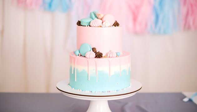 Two-Tiered Gender Reveal Cake with Pastel Frosting and Decorative Macarons