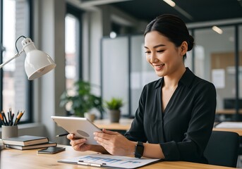 Smiling businesswoman reviewing data on tablet at modern office desk, business success concept