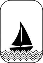 A simple black sailboat silhouette on water, inside vertical rounded rectangular frame with zig-zag wave pattern, emphasizing nautical calmness and elegance.