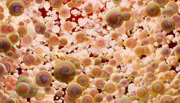 Multicolored abstract spheres creating a dynamic, vibrant pattern on a dark background. Illustration, rendering
