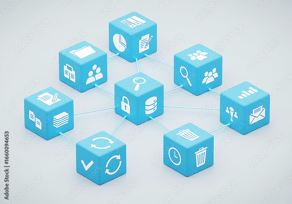 Poster blue cubes with business icons connected in a network, symbolizing data analytics, strategy, and wor