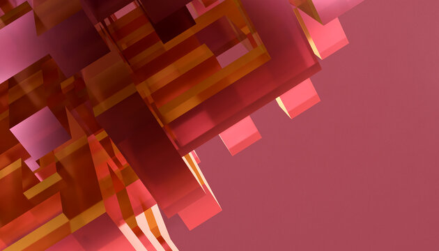 Abstract 3D geometric shapes in shades of pink and orange on a smooth pink background. Illustration, rendering
