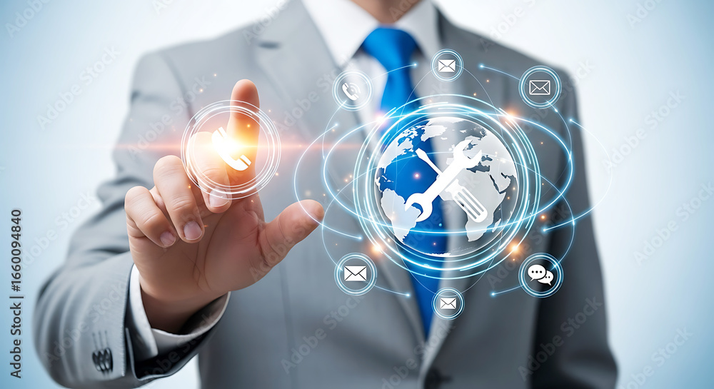Aufkleber businessman touching a glowing digital interface with a global network of icons representing technol