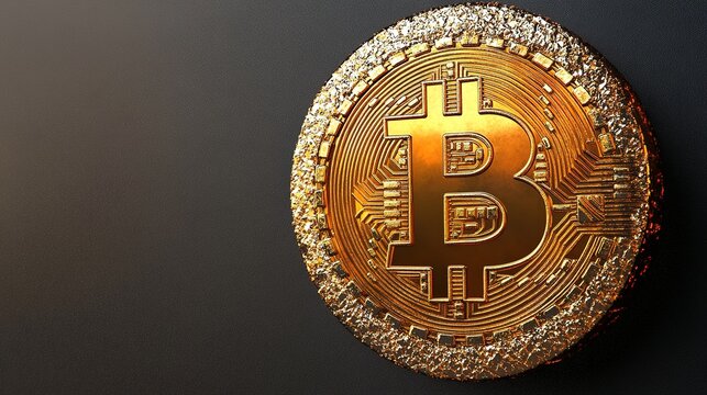 A shiny, golden Bitcoin symbol glows against a dark background, representing digital currency and innovation in finance.