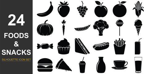 Collection of 24 black and white food and snack icons