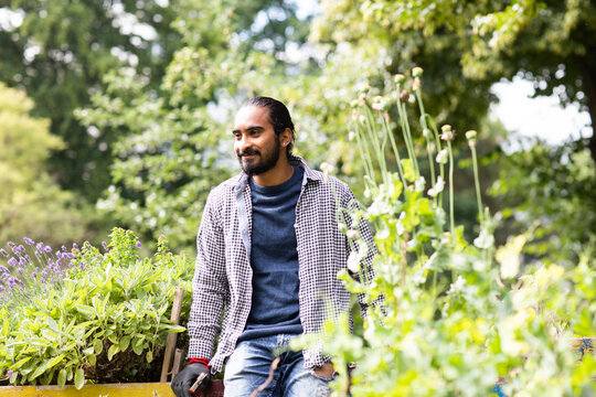 Man in checked shirt sits in a lush garden surrounded by green plants. Germany