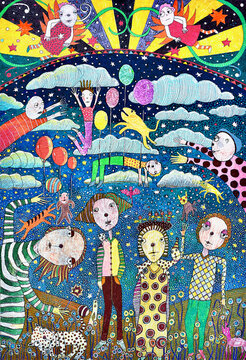 Colorful fantasy scene with whimsical characters, stars, and balloons under a vibrant sky.