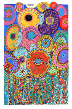 Colorful abstract art with large circles, patterns, and whimsical creatures.