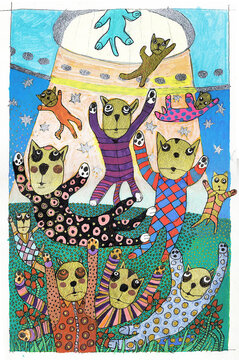 Cats in colorful outfits being lifted by UFO with stars and a bright light in the sky.
