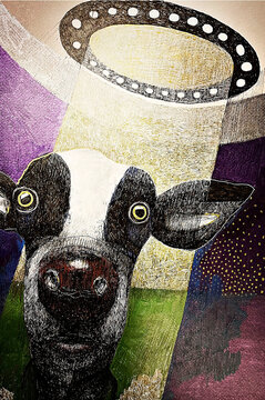 Abstract art of a cow with a halo-like ring on a colorful, textured background.
