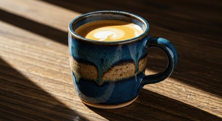 Obraz premium A close up of a ceramic mug with fresh coffee showing latte art on a wooden table lit by sunlight