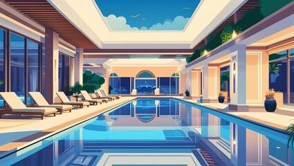 Obraz premium Luxury Indoor Swimming Pool with Modern Minimalist Design in Exclusive Hotel and Spa