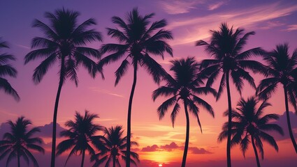 tropical sunset scene with several palm trees 