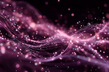Obraz premium A mesmerizing digital artwork features swirling pink and purple light trails intertwined against a dark background, with scattered glowing particles adding a dynamic, ethereal effect.