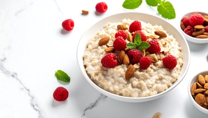 Oatmeal breakfast with raspberries, and almonds.