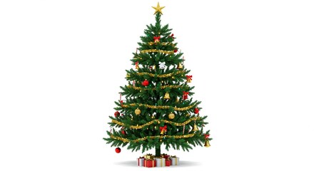 Fototapeta premium A christmas tree decorated with ornaments and a gold star on top with gifts underneath it on white background