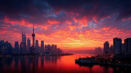 Fototapeta premium Dramatic Red Sunset Over Shanghai Skyline and Huangpu River, China