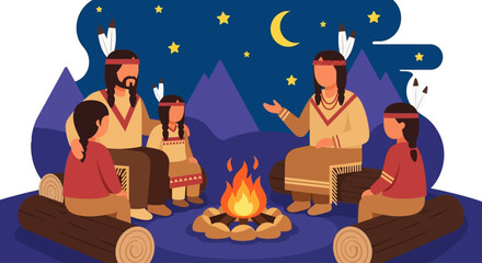 A Native American family gathers around a campfire at night for storytelling under a starry sky.