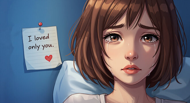 A woman's tear-streaked face, filled with profound sadness, is shown next to a note reading "I loved only you" capturing the heartbreak of unrequited or lost love.