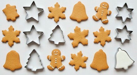 Arrangement of gingerbread cookies and cookie cutters on a white surface for christmas baking prep